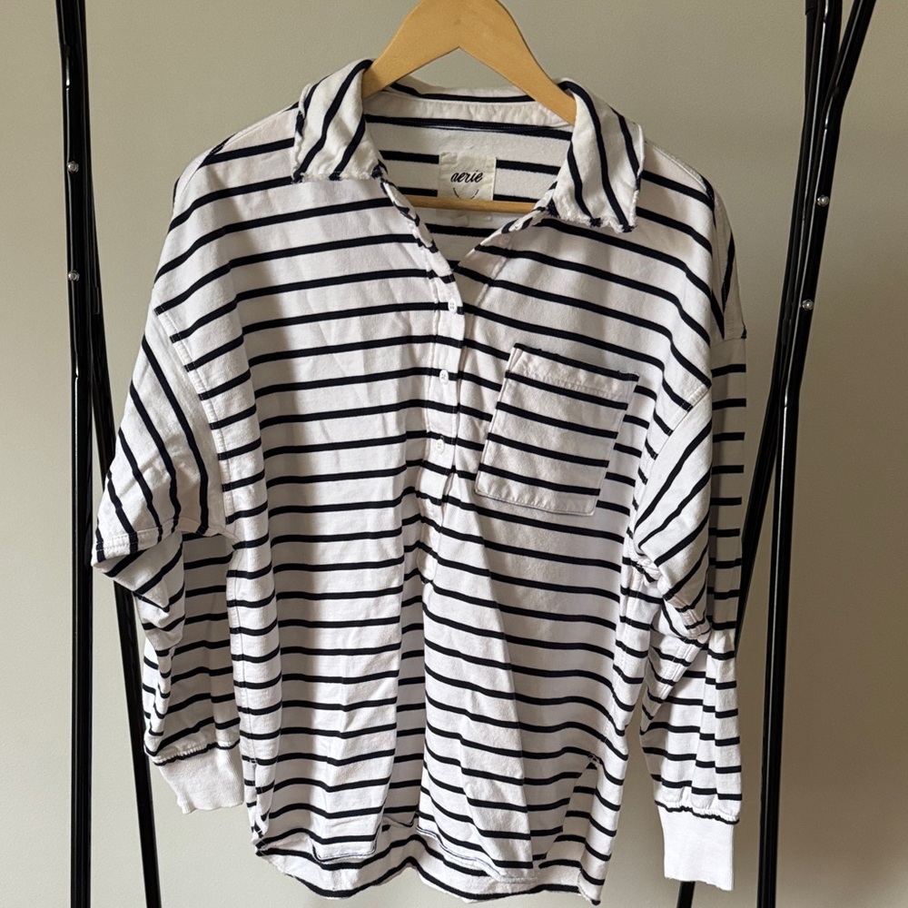 Aerie Take It Easy Popover Polo Sweatshirt | Navy & White | Size XS